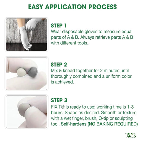 Fixit Sculpt 2 Part Epoxy Modeling And Repair Compound for Sculpting and Repairs application steps guide.