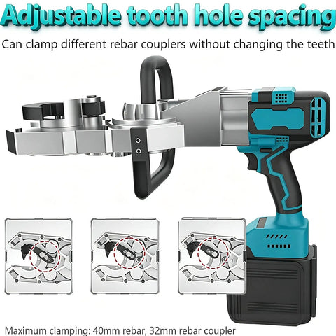 Heavy Duty Cordless Rebar Threader Machine With Brushless Motor showing adjustable clamping for 40mm rebar and 32mm coupler.