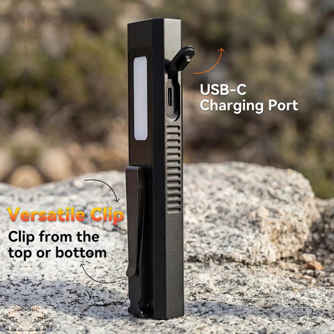 4-In-1 EDC Flat Flashlight USB-C Rechargeable Magnetic Slim Handheld Light with versatile clip on rock