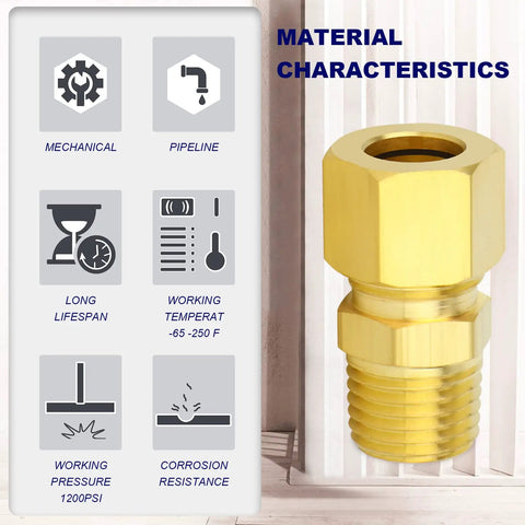 Brass Compression Tube Fitting 1/4 Inch OD By 1/8 Inch NPT Male Union Connector with material characteristics and corrosion resistance features.