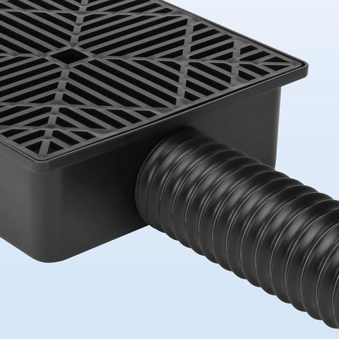 38 inch length plastic drainage box with ridged pipe entry, part of 2.5 Inch Gutter Downspout Extension Kit, Flexible No Dig Buried Drain Pipe For Outdoor Yard And Lawn, Foundation Protection, Easy Install, Keeps Rainwater Flowing And Overflow Under Control.