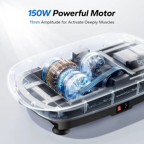 Whole Body Vibration Plate Exercise Machine with 150W motor and 11mm amplitude, highlighting motor components and design.