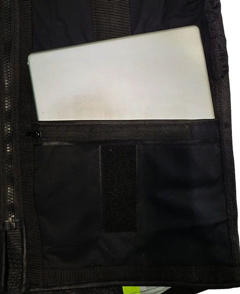 Inside view of Pro Level Ansi Class One Safety Vest For Surveyors in Matte Black showing dual tablet slot with device.