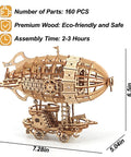 3D Wooden Airship Puzzle Kit for Adults and Teens, 160 laser-cut pieces, eco-friendly wood, dimensions 7.28x5.04x6.5 inches