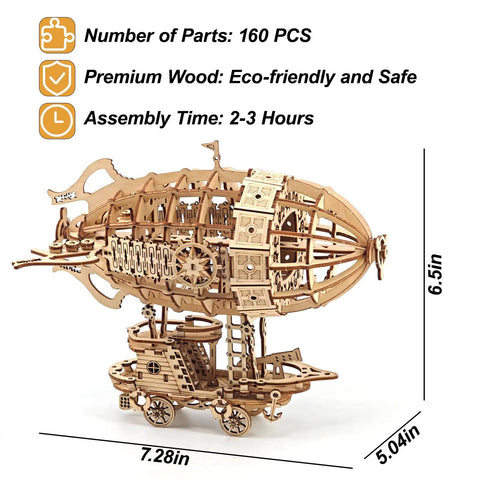 3D Wooden Airship Puzzle Kit for Adults and Teens, 160 laser-cut pieces, eco-friendly wood, dimensions 7.28x5.04x6.5 inches