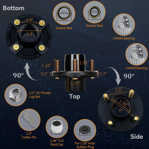Bottom view of 2-set 4-lug trailer hub kit for 1 in and 1-1/16 in spindles with L44643/L44649 bearings