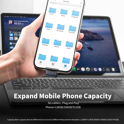 128GB USB C External SSD Drive With USB 3.2 Fast Transfer Up To 450MB Per Second connected to smartphone for file transfer