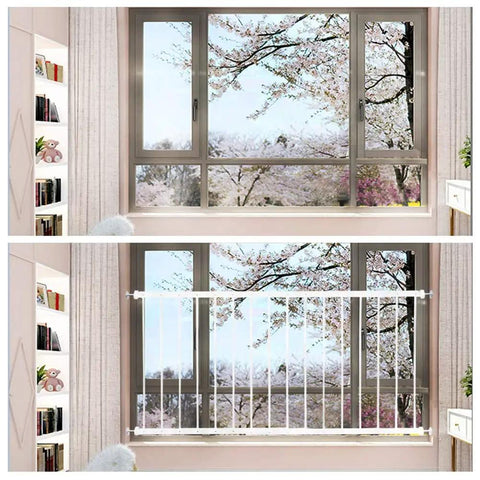 Extra Wide Window Safety Gate For Home Use Kid And Pet Proof Pressure Mounted No Drilling Easy Install Fits 61.41 To 86.61 Inches Sliding Windows Three Piece Set White installed on window