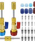 R134A Valve Core Removal And Installation Tool Kit with red and blue connectors, brass body, quick connectors, and 31-piece set displayed.