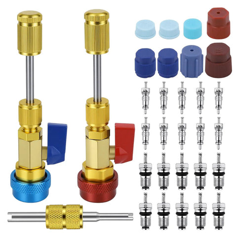 R134A Valve Core Removal And Installation Tool Kit with red and blue connectors, brass body, quick connectors, and 31-piece set displayed.