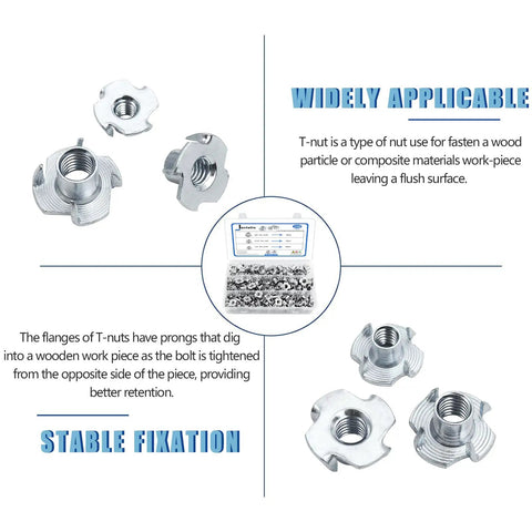 Image of Heavy Duty T Nuts 304 Stainless Steel Assortment 160 Piece Kit showcasing four prong tee threads for furniture.