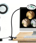 10x Desk Magnifier With Light, Flexible Gooseneck Clamp, 3 Light Colors And 10 Brightness Levels shown near computer
