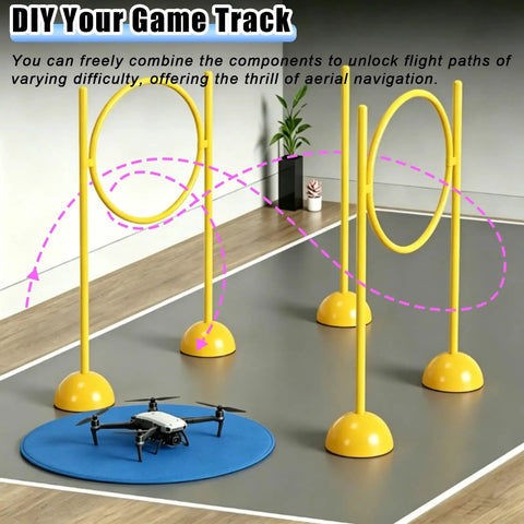Crash-Proof Drone Trainer For Beginners And Pros indoor obstacle course with yellow rings for quadcopter practice.