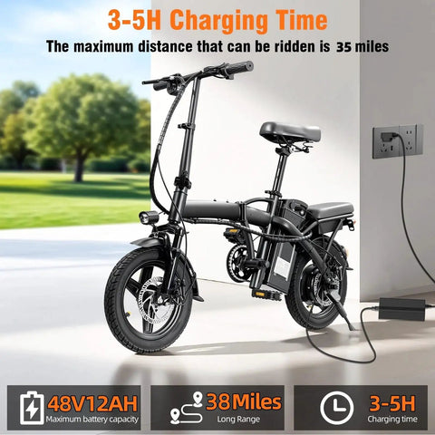 Foldable Electric Bike For Adults And Teens, Hits 23 MPH With Pedal Assist, 38 Mile Range, Powerful 500W Motor, 48V 12Ah Battery, 14 Inch Folding Ebike, 3 Speed Modes, City Commuter Ready, shown charging
