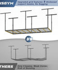 Comparison of overhead garage storage racks; 9-beam design vs. 5-beam design, highlighting support features. 3x6 Ft Overhead Garage Storage Rack With Adjustable 26 To 40 Inch Height Heavy Duty Metal Ceiling Organizer 450 Lb Weight Capacity Easy One Person Install Durable Rack System For Sky High Storage.