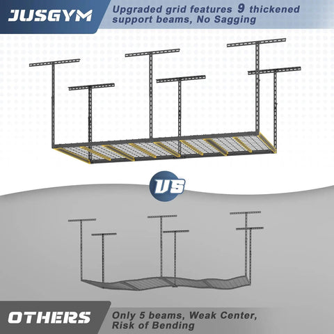Comparison of overhead garage storage racks; 9-beam design vs. 5-beam design, highlighting support features. 3x6 Ft Overhead Garage Storage Rack With Adjustable 26 To 40 Inch Height Heavy Duty Metal Ceiling Organizer 450 Lb Weight Capacity Easy One Person Install Durable Rack System For Sky High Storage.