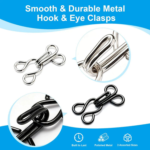 Top Shelf 100 Pair Metal Hook And Eye Fasteners With Hidden Sewing Closures In Black And Silver Rustproof Garment Closures. Smooth clasps.