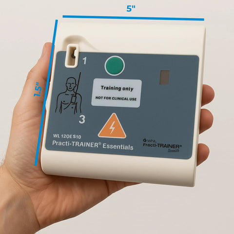 Practi-TRAINER Essentials AED training device with gray front panel and white housing; training-only label
