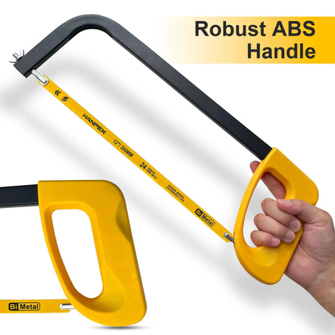 Hanpex 12in high-tension hacksaw frame with yellow ABS handle and 24 TPI bi-metal blade.