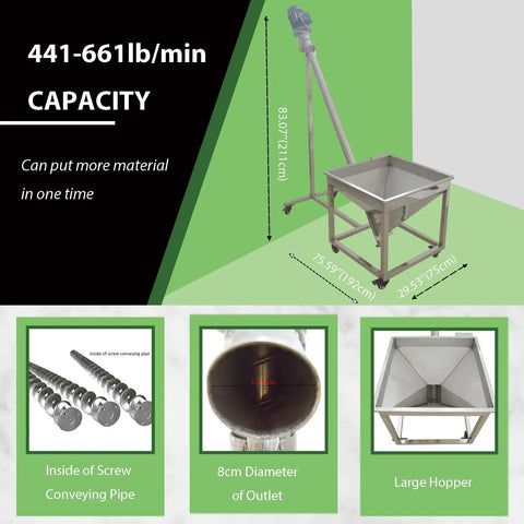 Heavy Duty Incline Auger Screw Conveyor For Industrial Feeding, Stainless Steel Spiral Hopper Powder Feeder 750W, spring loader, hopper detail