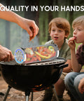 Rolling Grill Basket Set Of 2 With Removable Wooden Handle 304 Stainless Steel Rotating Mesh Baskets with vegetables on barbecue.