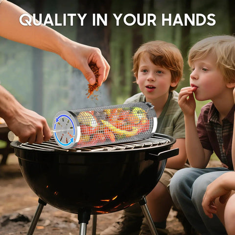 Rolling Grill Basket Set Of 2 With Removable Wooden Handle 304 Stainless Steel Rotating Mesh Baskets with vegetables on barbecue.