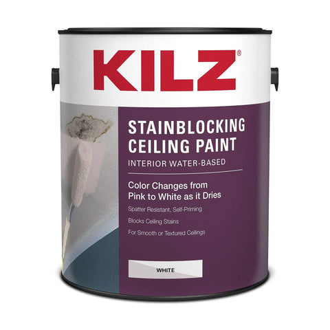 Can of Stain Blocking Ceiling Paint For Interiors With Pink To White Dry Time Indicator, Easy Roll On White Ceiling Paint, 1 Gallon