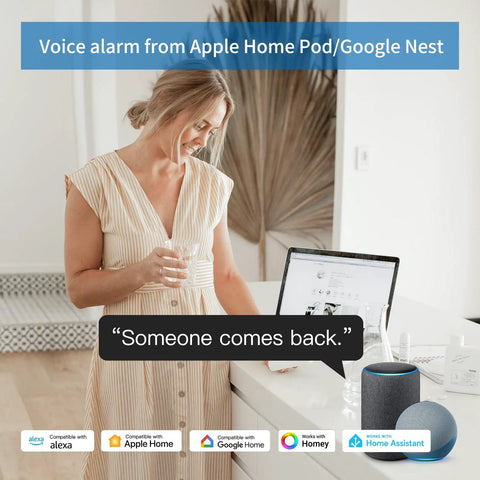 Woman in a dress using a laptop with smart speaker on counter showing voice alarm feature from Apple HomePod and Google Nest.