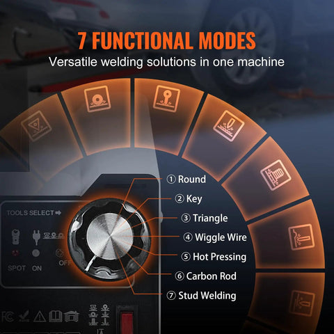 Control panel showing 7 welding modes on Stud Welder Dent Repair Kit With 110V Auto Body Spot Welding Dent Puller, 1.8KW tool.