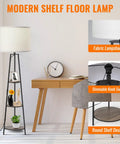 Three Tier Round Corner Floor Lamp With Shelves Dimmable Levels White Fabric Shade in modern office setup next to desk