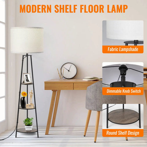Three Tier Round Corner Floor Lamp With Shelves Dimmable Levels White Fabric Shade in modern office setup next to desk