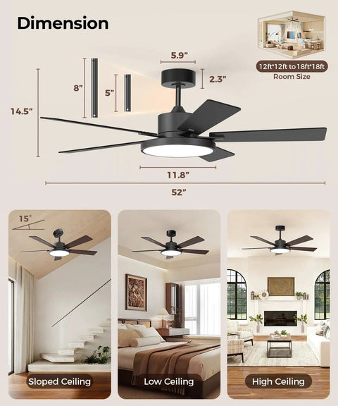Smart 52 Inch Rgb Cw Led Ceiling Fan With Remote App Voice Control Hella Quiet Dc Motor Energy Saving Breezy Airflow Modern Living Room Bedroom Lighting In Black with dimensions and installation examples.