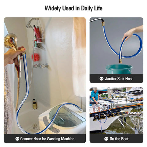 Garden hose 3/4 in x 3 ft blue kink-free flexible hose with female fittings for washing machines, sinks, and boats