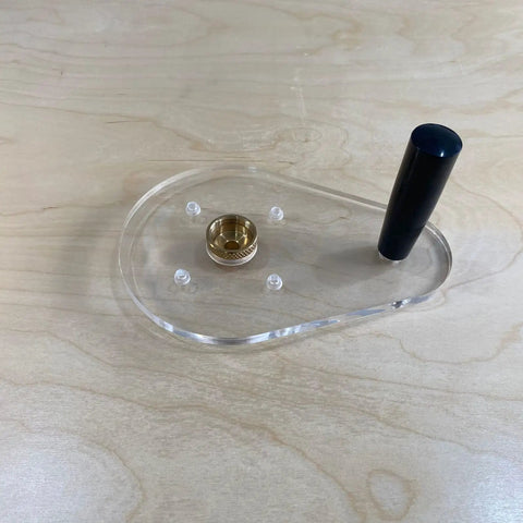 Dead On Accurate Router Base Plate Compatible With DWP611 And DCW600B 6X9 Inch Clear Acrylic with black handle and brass fitting.