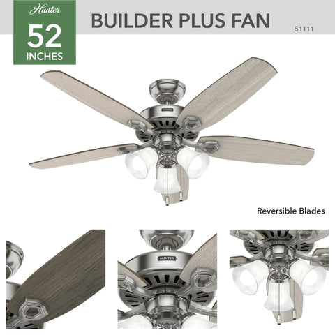 52 Inch Indoor Ceiling Fan With LED Lights And Pull Chain For Bedroom Or Living Room, Brushed Nickel Finish, Five Blades