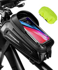 Oversized EVA Waterproof Bike Top Tube Frame Bag Phone Holder With 1.7L Capacity mounted on bike, phone visible, yellow cover included