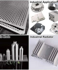 Various aluminum sheet metal applications including perforated sheets, industrial parts, bottles, and radiators.