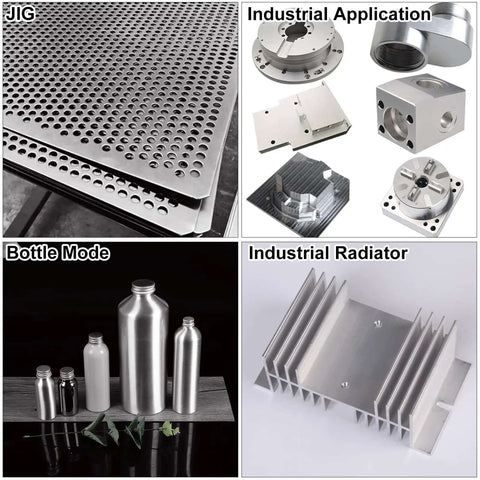 Various aluminum sheet metal applications including perforated sheets, industrial parts, bottles, and radiators.