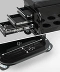 Heavy Duty Rolling Tool Box With Three Built In Drawers Paired With Comfy Mechanic Stool showing drawer dimensions and smooth ball bearing rails.