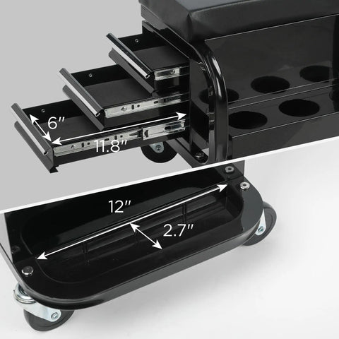 Heavy Duty Rolling Tool Box With Three Built In Drawers Paired With Comfy Mechanic Stool showing drawer dimensions and smooth ball bearing rails.