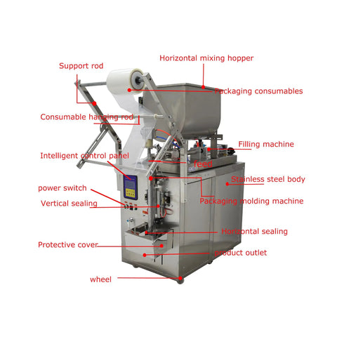 Automatic Quantitative Filling And Sealing Machine Packs 10 To 100 Ml, featuring a stainless steel body and horizontal mixing hopper.
