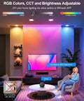 DUSKTEC Smart Recessed Lighting 4 Inch Color Changing LED Recessed Lights in a modern living room with adjustable colors and voice control.