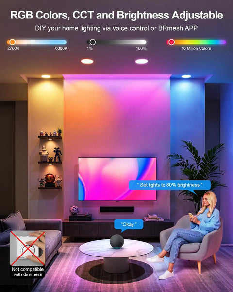 DUSKTEC Smart Recessed Lighting 4 Inch Color Changing LED Recessed Lights in a modern living room with adjustable colors and voice control.