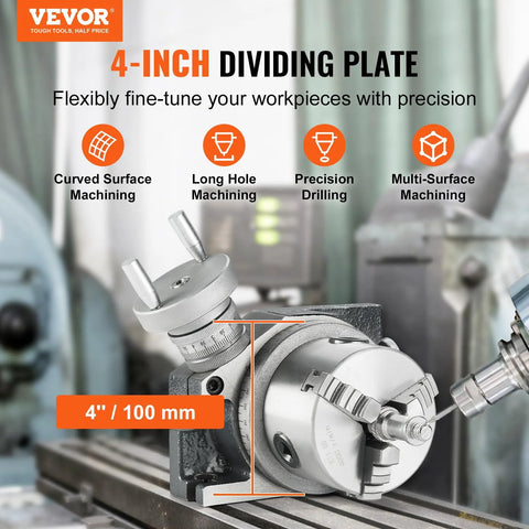 VEVOR 4-inch rotary table with dividing plate for milling machines; silver metal with dial scale and handwheels