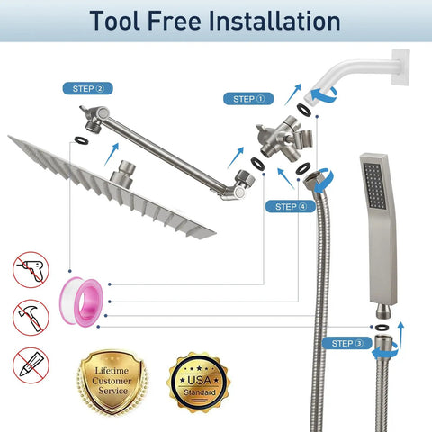 Diagram showing tool-free installation of all metal rain shower head with handheld dual shower, 60 inch hose, and diverter.