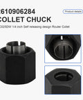 Router Collet Kit Replacement showing 1/4 inch self-releasing design model RC025DW, compatible with 1613 to 1619 series routers.