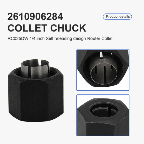 Router Collet Kit Replacement showing 1/4 inch self-releasing design model RC025DW, compatible with 1613 to 1619 series routers.