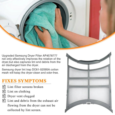 Heavy Duty Dryer Lint Filter Case Screen For Samsung Dryers DVE45T6000W DV42H5200EW DV42H5000EW AP4578777 DC61-02595A Replacement Part with stainless steel filter and ABS frame next to person using the dryer.