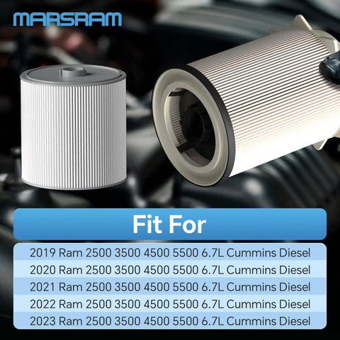 6.7L Cummins Fuel Filter Water Separator Kit For Ram 2500 3500 4500 5500 Diesel Trucks 2019 2020 2021 2022 2023 2024 Replaces 68157291AA 68436631AA Fits shown with filter details and compatibility chart