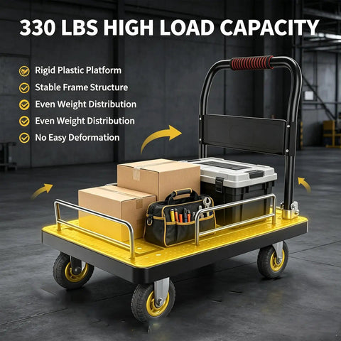 Foldable Guardrail Platform Hand Truck With 330 Lb Capacity Lightweight Flatbed Dolly Cart On 5 Inch Silent Wheels 71x47 Cm with boxes